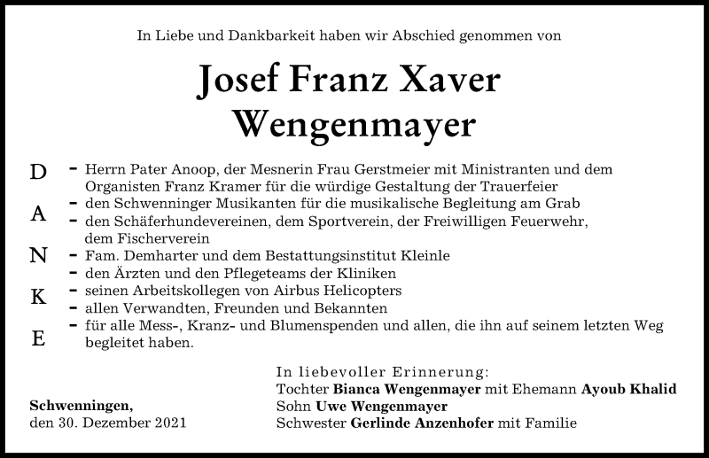 Traueranzeige von Josef Wengenmayer von Donau Zeitung