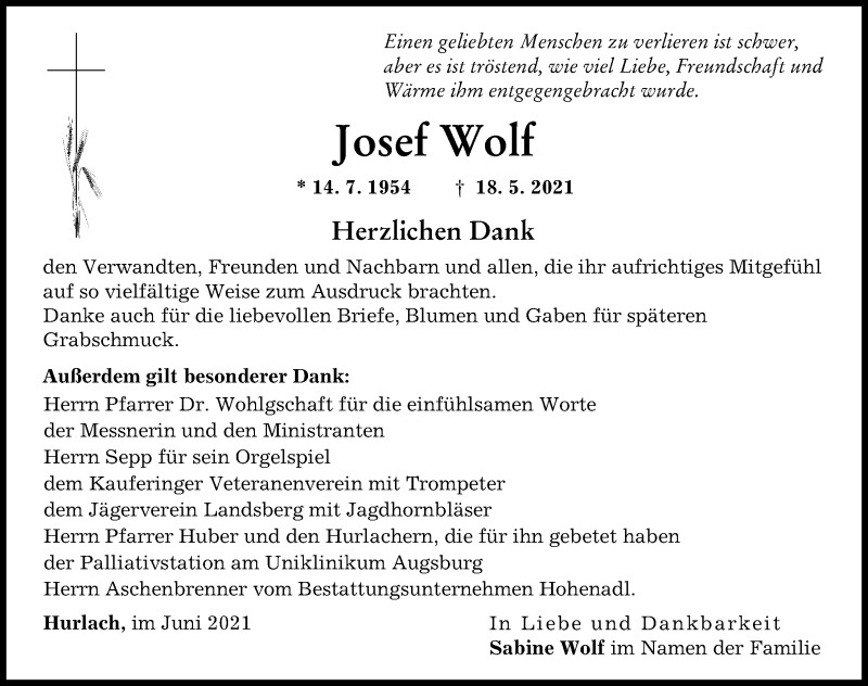 Traueranzeige von Josef Wolf von Landsberger Tagblatt