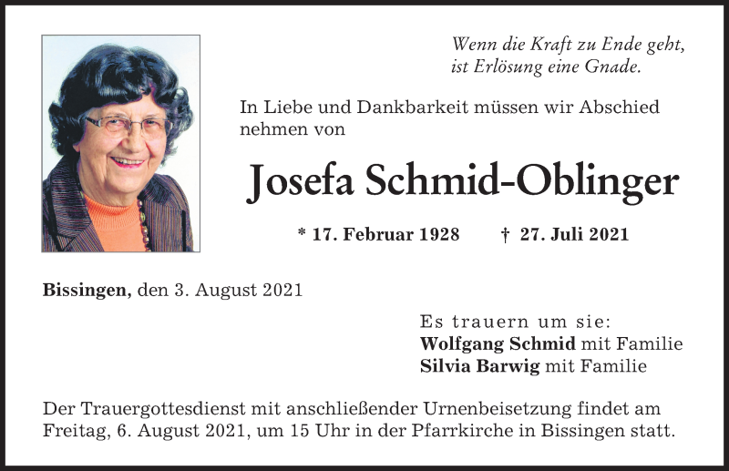 Traueranzeige von Josefa Schmid-Oblinger von Donau Zeitung