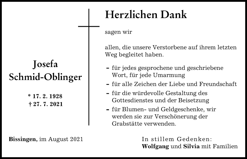 Traueranzeige von Josefa Schmid-Oblinger von Donau Zeitung