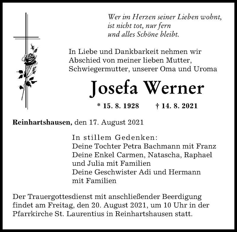 Traueranzeige von Josefa Werner von Augsburger Allgemeine