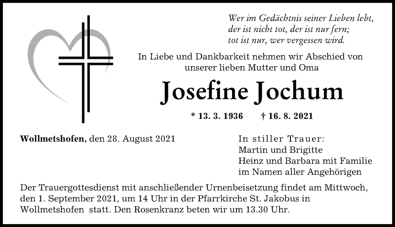 Traueranzeige von Josefine Jochum von Augsburger Allgemeine