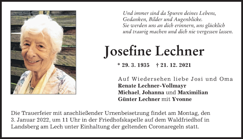 Traueranzeige von Josefine Lechner von Landsberger Tagblatt