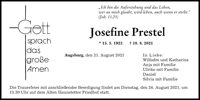 Traueranzeige von Josefine Prestel von Augsburger Allgemeine