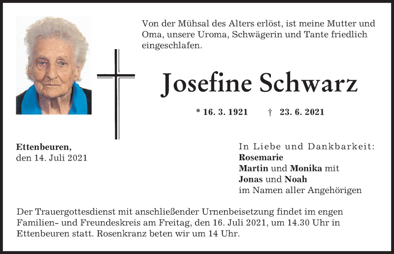 Traueranzeige von Josefine Schwarz von Günzburger Zeitung