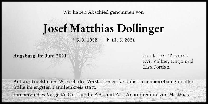 Traueranzeige von Josef Matthias Dollinger von Augsburger Allgemeine