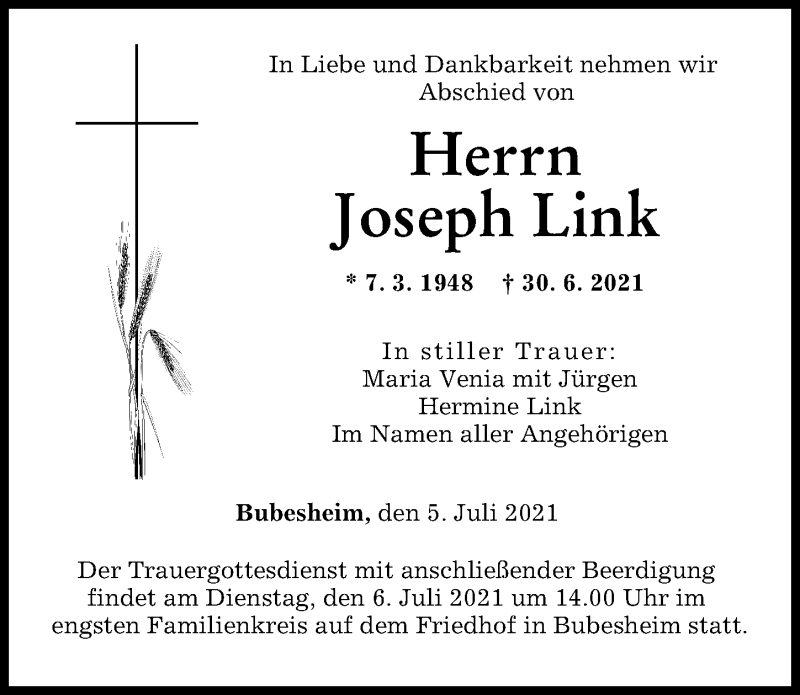 Traueranzeige von Joseph Link von Günzburger Zeitung