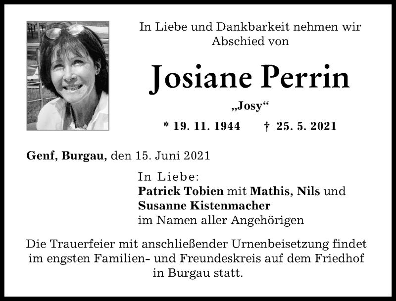 Traueranzeige von Josiane Perrin von Günzburger Zeitung