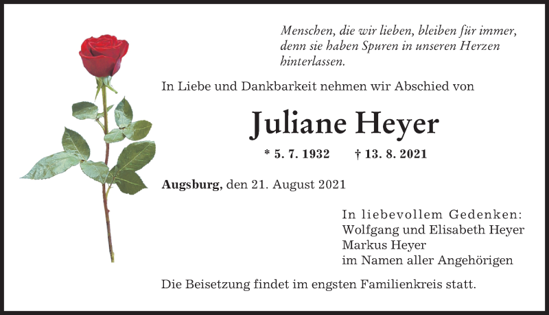 Traueranzeige von Juliane Heyer von Augsburger Allgemeine