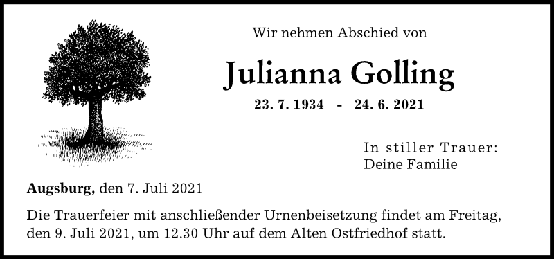 Traueranzeige von Julianna Golling von Augsburger Allgemeine