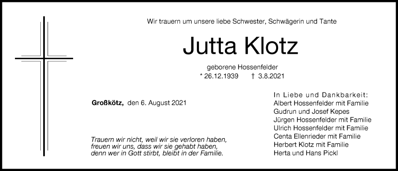 Traueranzeige von Jutta Klotz von Günzburger Zeitung