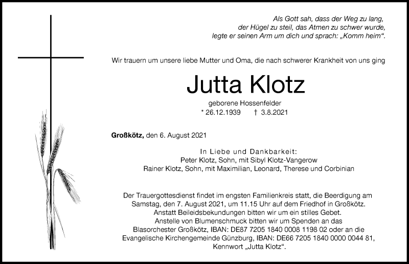 Traueranzeige von Jutta Klotz von Günzburger Zeitung