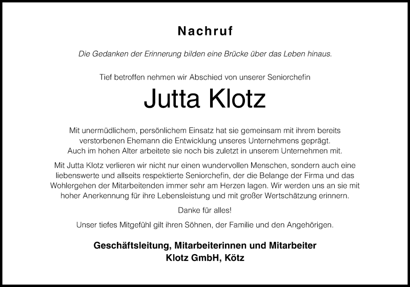 Traueranzeige von Jutta Klotz von Augsburger Allgemeine