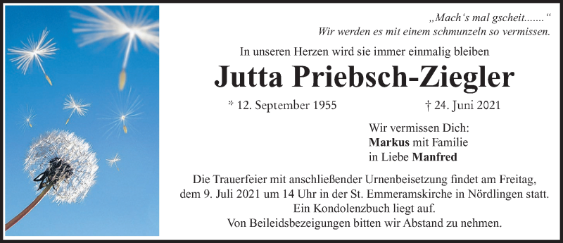 Traueranzeige von Jutta Priebsch-Ziegler von Rieser Nachrichten