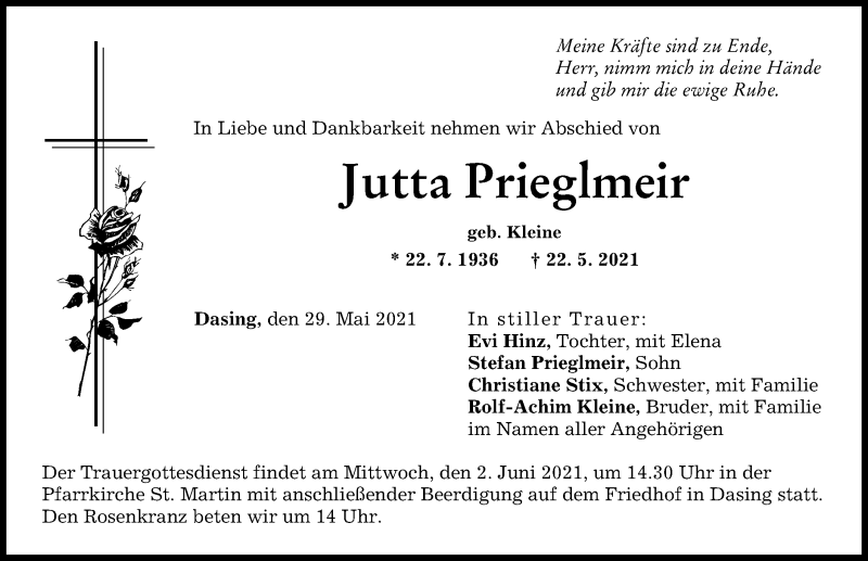 Traueranzeige von Jutta Prieglmeir von Friedberger Allgemeine