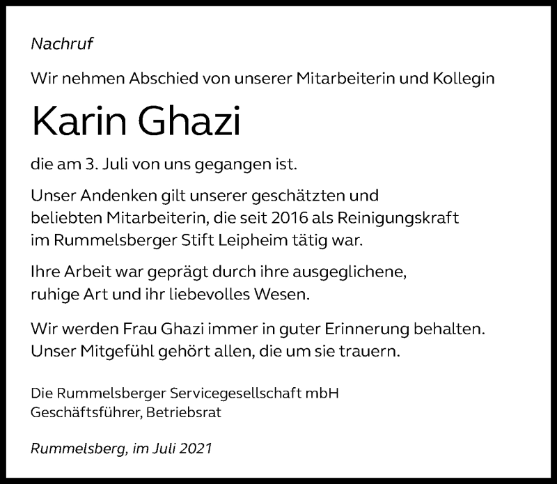 Traueranzeige von Karin Ghazi von Günzburger Zeitung