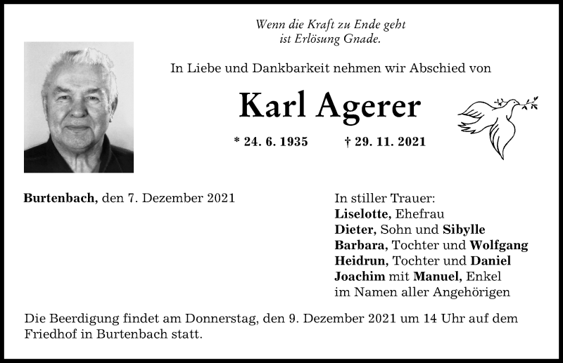 Traueranzeige von Karl Agerer von Günzburger Zeitung