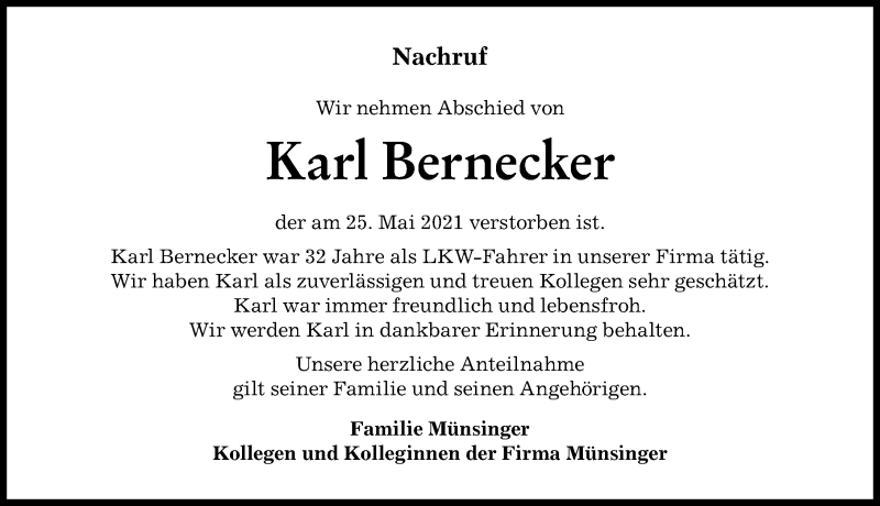 Traueranzeige von Karl Bernecker von Donauwörther Zeitung