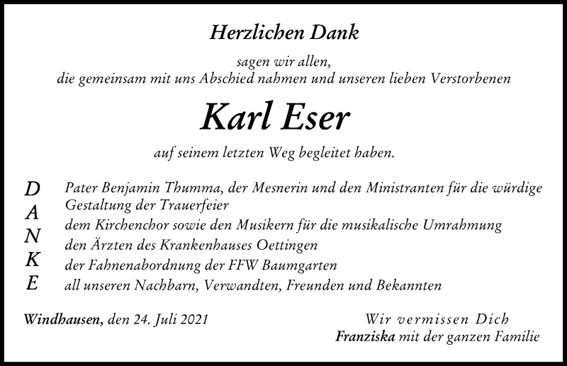 Traueranzeige von Karl Eser von Donau Zeitung