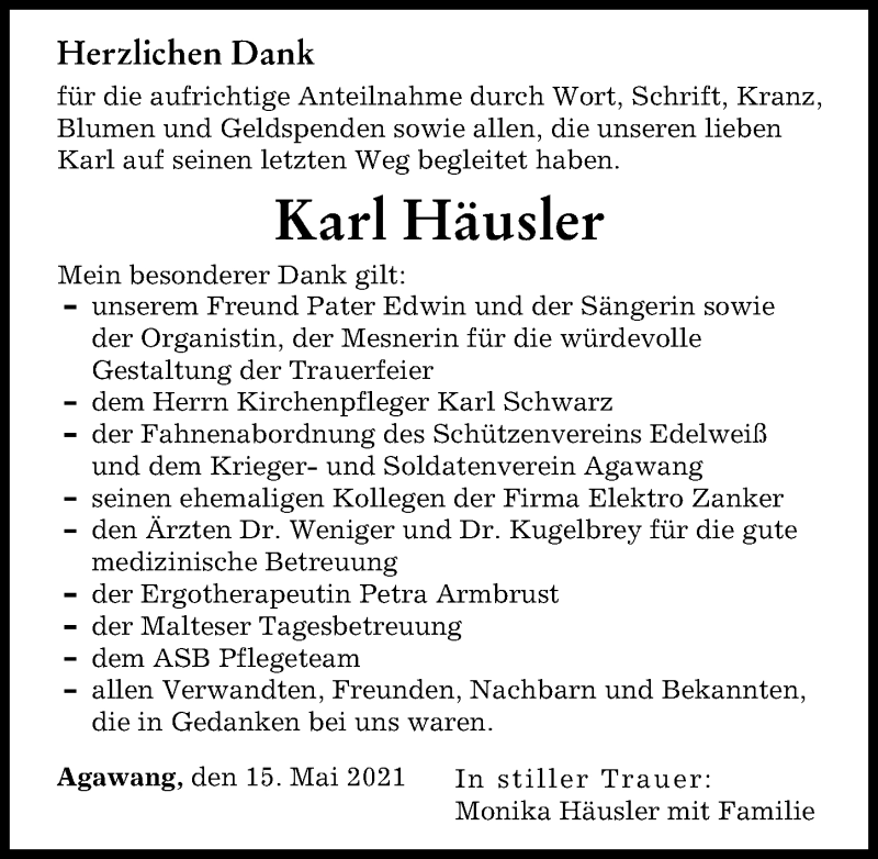 Traueranzeige von Karl Häusler von Augsburger Allgemeine