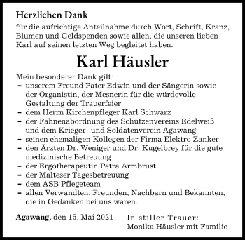 Traueranzeigen von Karl Häusler | Augsburger Allgemeine Zeitung