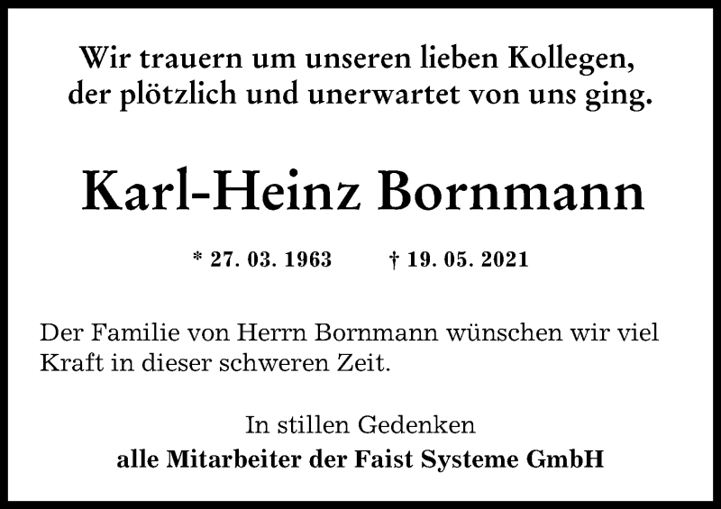 Traueranzeige von Karl-Heinz Bornmann von Schwabmünchner Allgemeine, Augsburger Allgemeine