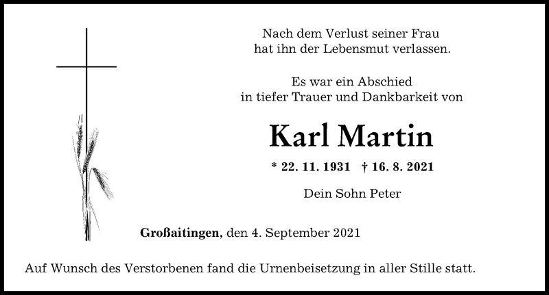 Traueranzeige von Karl Martin von Augsburger Allgemeine