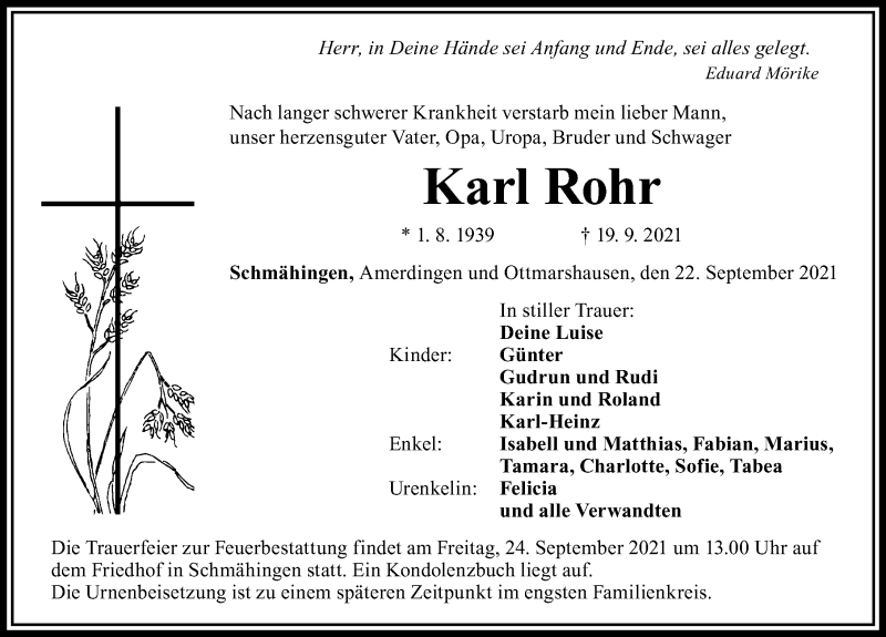  Traueranzeige für Karl Rohr vom 22.09.2021 aus Rieser Nachrichten