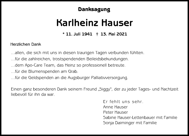 Traueranzeige von Karlheinz Hauser von Augsburger Allgemeine