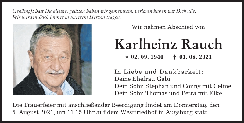 Traueranzeige von Karlheinz Rauch von Augsburger Allgemeine