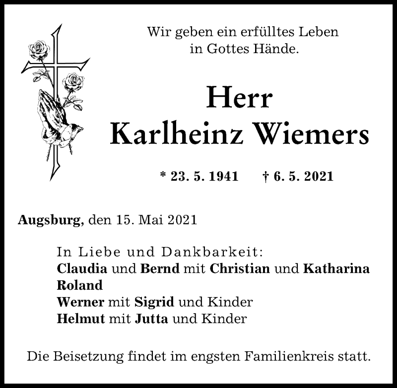 Traueranzeige von Karlheinz Wiemers von Augsburger Allgemeine