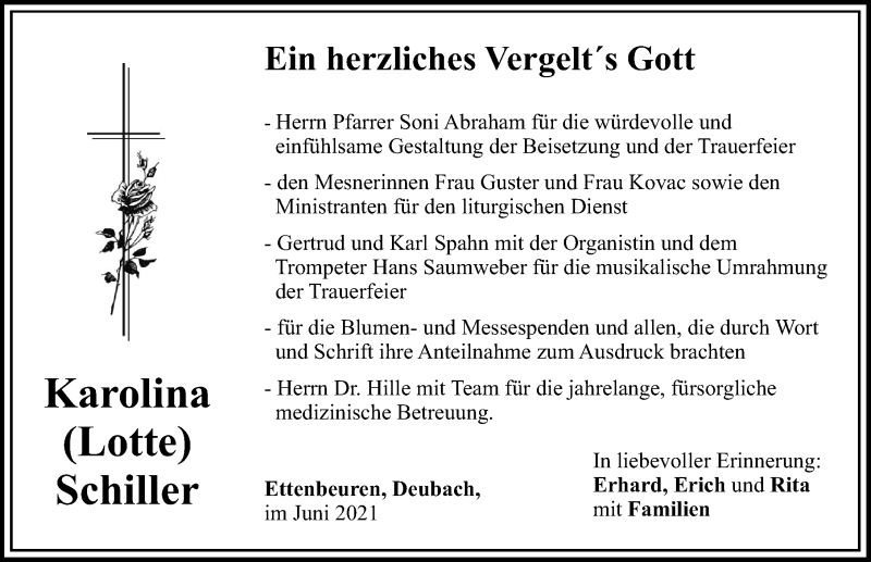 Traueranzeige von Karolina Schiller von Günzburger Zeitung