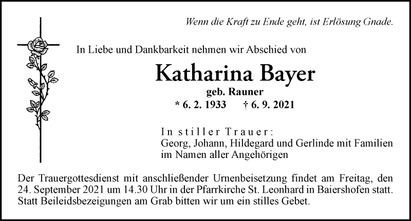 Traueranzeige von Katharina Bayer von Wertinger Zeitung, Augsburg-Land