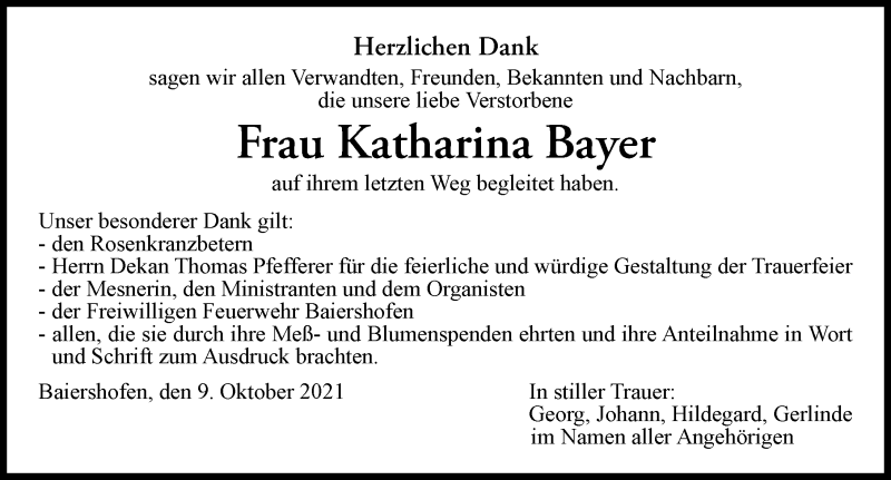 Traueranzeige von Katharina Bayer von Wertinger Zeitung, Augsburg-Land