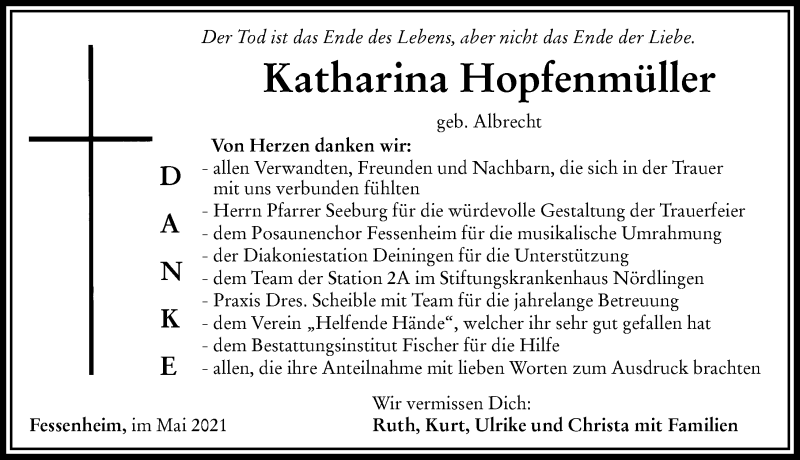 Traueranzeige von Katharina Hopfenmüller von Rieser Nachrichten