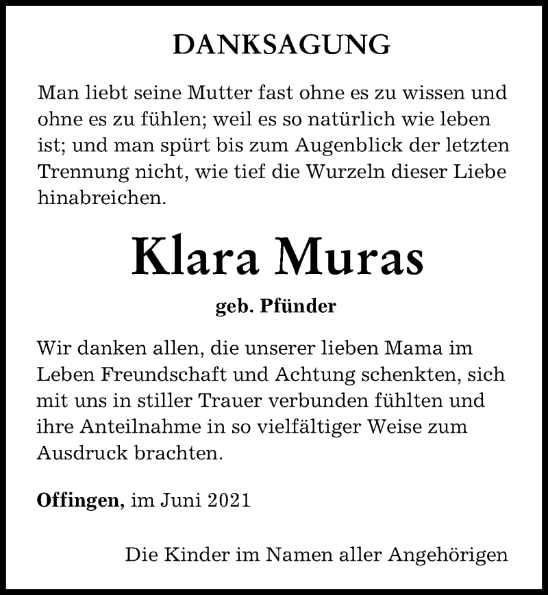 Traueranzeige von Klara Muras von Günzburger Zeitung