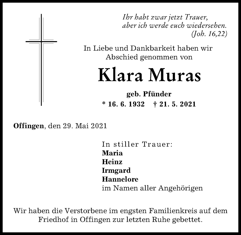 Traueranzeige von Klara Muras von Günzburger Zeitung