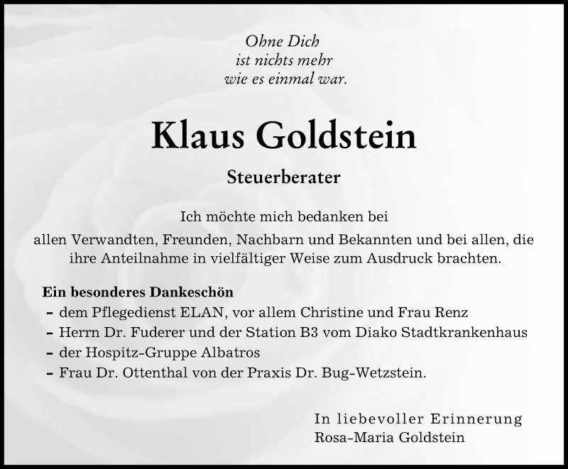 Traueranzeige von Klaus Goldstein von Augsburger Allgemeine