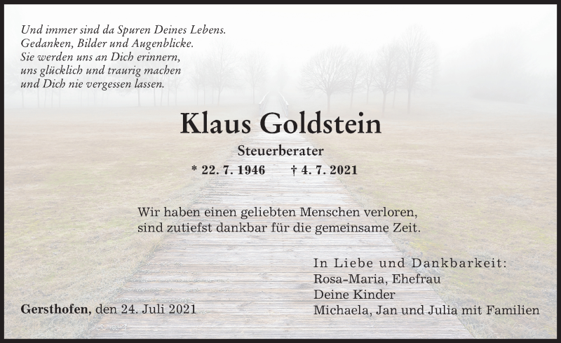 Traueranzeige von Klaus Goldstein von Augsburger Allgemeine