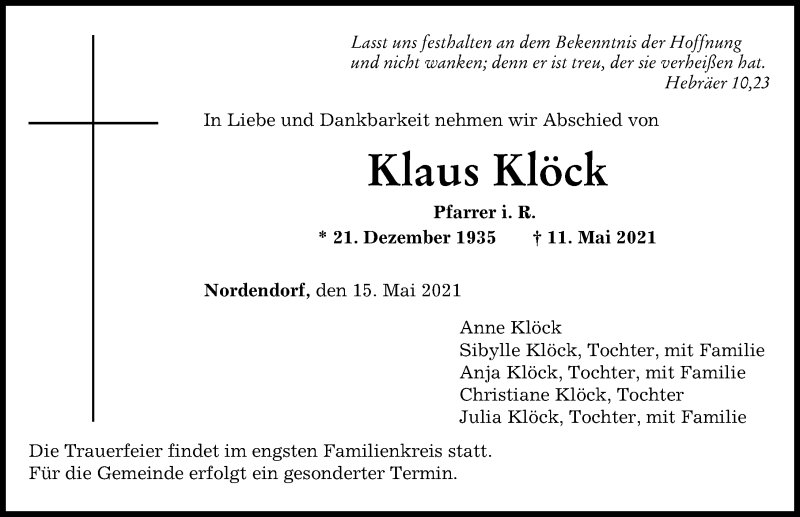 Traueranzeige von Klaus Klöck von Augsburger Allgemeine