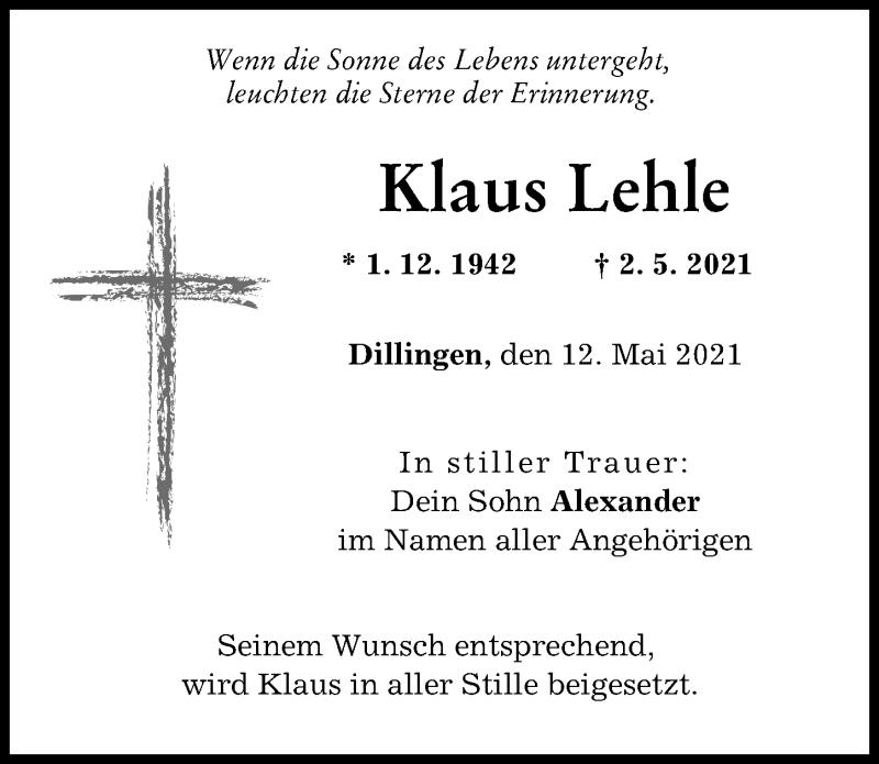 Traueranzeige von Klaus Lehle von Donau Zeitung