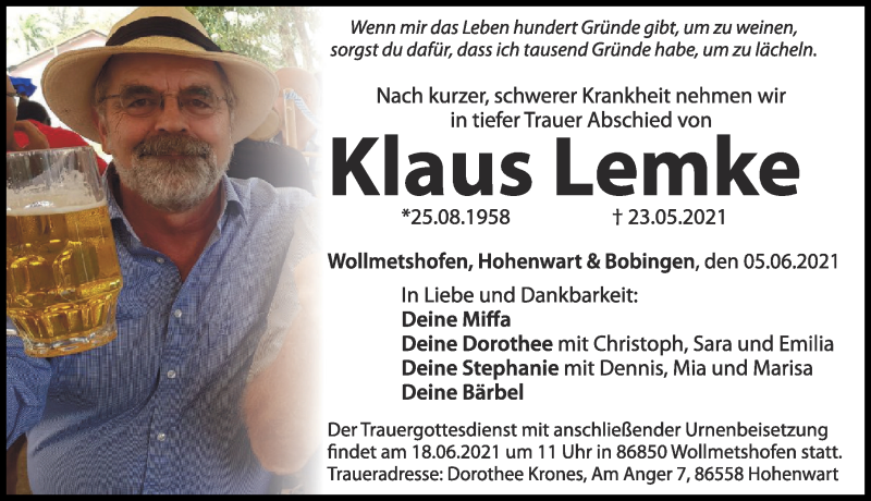  Traueranzeige für Klaus Lemke vom 05.06.2021 aus Augsburger Allgemeine