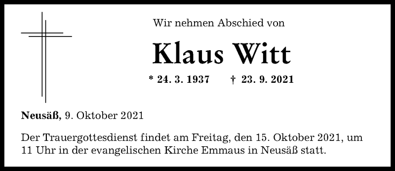  Traueranzeige für Klaus Witt vom 09.10.2021 aus Augsburger Allgemeine