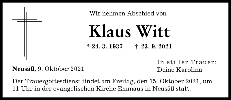  Traueranzeige für Klaus Witt vom 12.10.2021 aus Augsburger Allgemeine