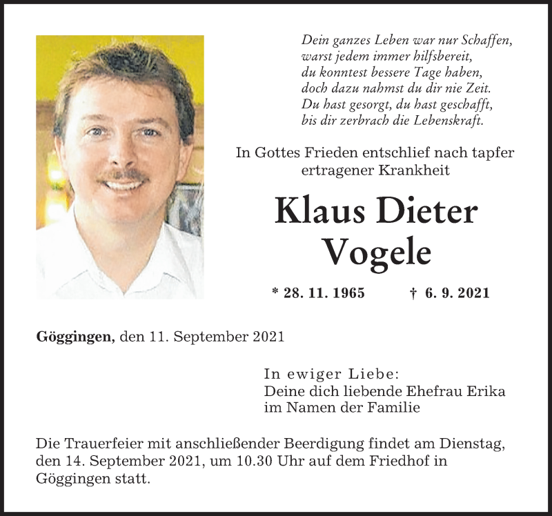  Traueranzeige für Klaus Dieter Vogele vom 11.09.2021 aus Augsburger Allgemeine
