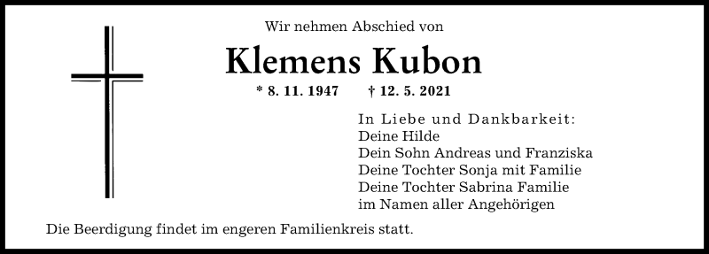 Traueranzeige von Klemens Kubon von Friedberger Allgemeine, Aichacher Nachrichten