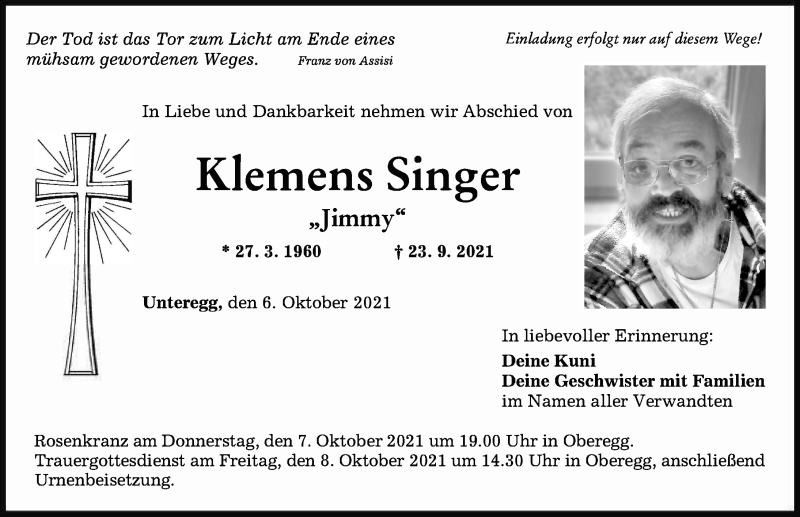  Traueranzeige für Klemens Singer vom 06.10.2021 aus Mindelheimer Zeitung