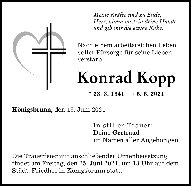 Traueranzeige von Konrad Kopp von Augsburger Allgemeine