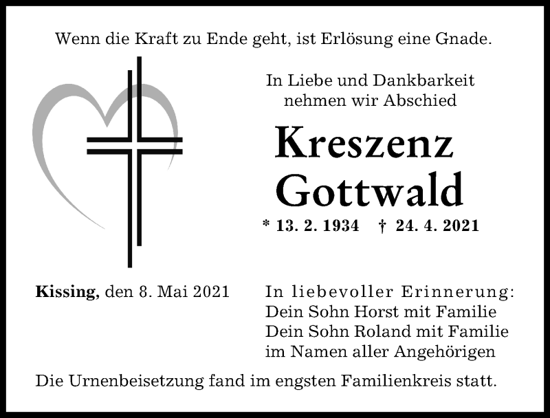 Traueranzeige von Kreszenz Gottwald von Friedberger Allgemeine