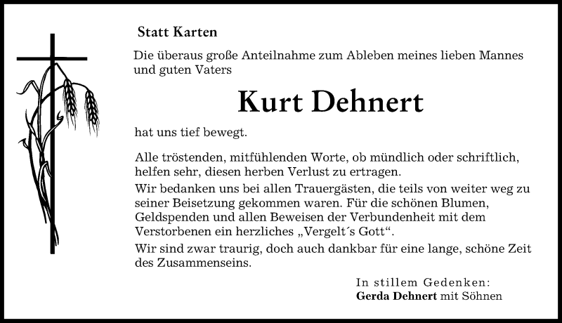 Traueranzeige von Kurt Dehnert von Landsberger Tagblatt